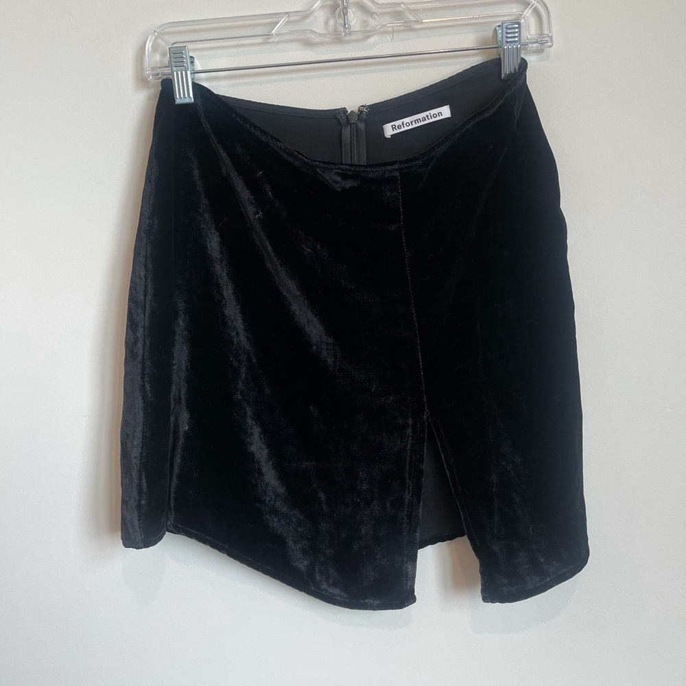 Black Velvet Reformation Mini Skirt with Slit